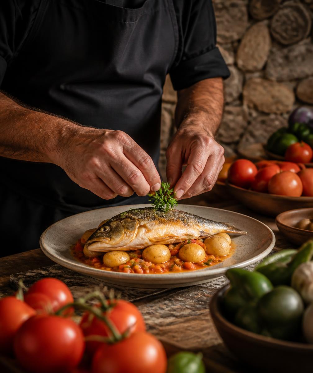 Cocinero emplatando pescado fresco con producto local canario